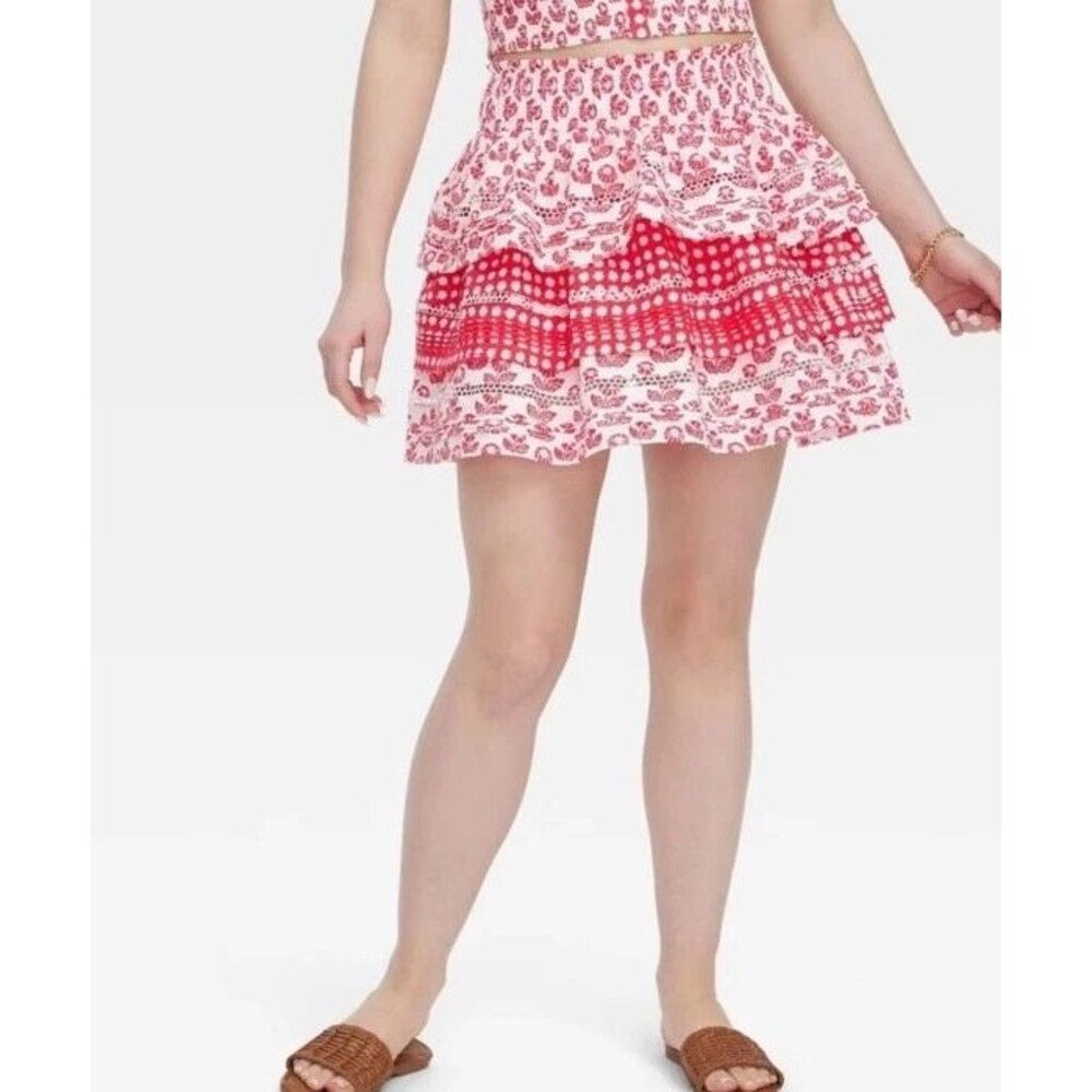 Roller Rabbit Skirt Red Floral Ruffle Skater Elastic Waist Cotton Womens XS -NEW - Picture 4 of 4